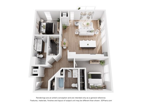 A floor plan of a house with a kitchen, living room, and two bedrooms.